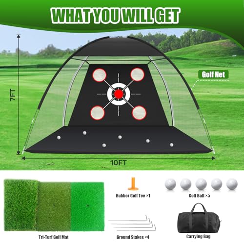 Golf Net with Practice Mat - 10x7FT Hitting Aid for Backyard Training