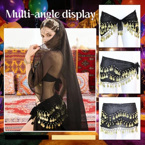 Belly Dance Hip Scarf with 128 Coins - Black Tie Waist Wrap