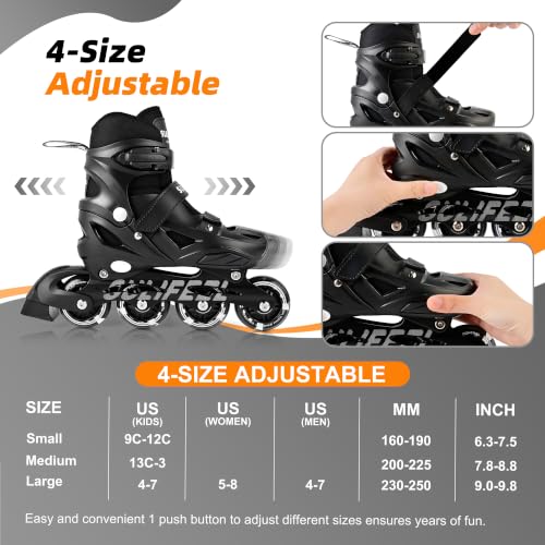 SULIFEEL Adjustable Light Up Kids Inline Skates - Black / Medium for Boys & Girls 4-12