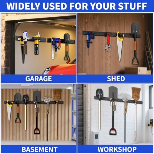 Garage Tool Organizer Wall Mount, 48inch Heavy Duty Garden Tool organizer Storage System, Easy Install With 6 Adjustable Straight Hooks, For Garage, Basement, Shed, Workshop(Black)