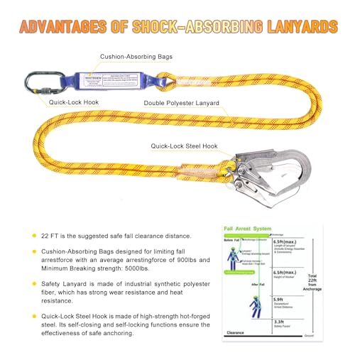 Safety Harness Fall Protection Kit with Shock Absorbing Lanyard, Roofing Work Harnesses Full Body Safety Harness for Construction (Yellow)