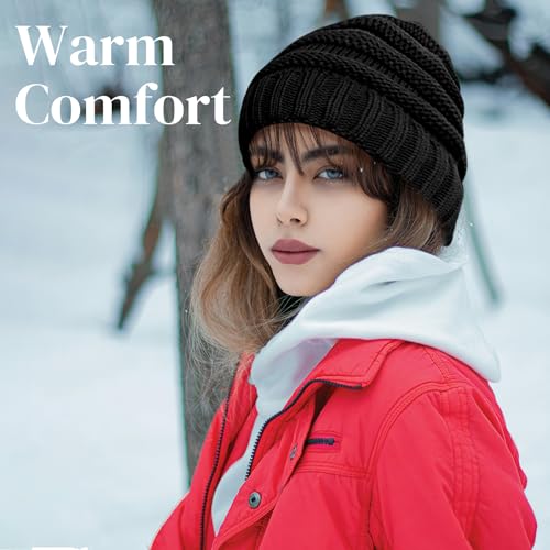 Women's Warm Cable Knit Beanie - Soft Striped Winter Hat - Grey