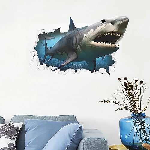 Broken Wall Fierce Shark Wall Stickers, sacinora Cartoon Sea Animal Wall Decals Removable Vinyl Peel and Stick for Kids Boy Living Room Bedroom Children's Room Bathroom Sofa TV Background Decorations