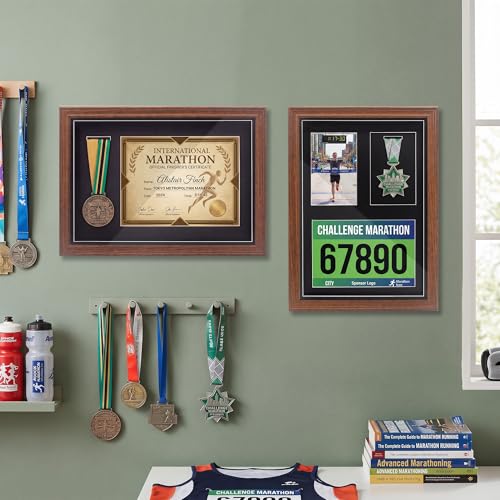FramePro Walnut Wood Medal Display Frame Wall Mount with Real Glass - 18x13