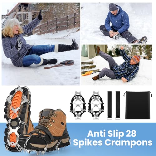 AOOELLO Black Large Ice Crampons with 28 Stainless Steel Spikes for Hiking & Mountaineering