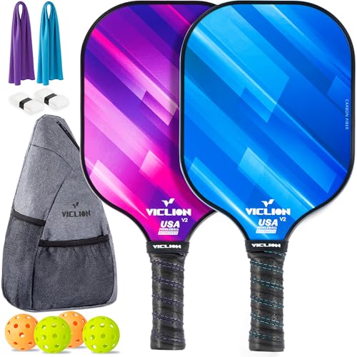 VICLION 2-Pack USA Pickleball Paddles with Balls, Carry Bag — Blue & Purple, Carbon Fiber T300