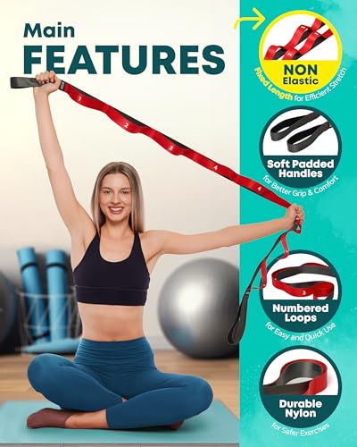Non Elastic Stretching Strap with Loops - Red Yoga Strap for Flexibility