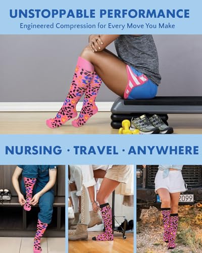 Compression Socks for Women 15-20 mmHg - Pink Leopard Print, Large-X-Large