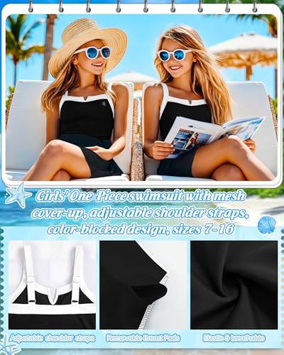 Girls One Piece Swimsuit with Skirt - Black, 15-16 Years