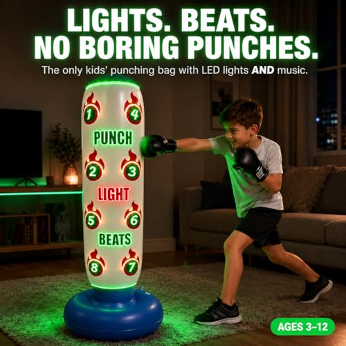 Kids Punch Light Beats Boxing Set with LED Lights Gloves & Pump – Inflatable Freestanding Bag, Birthday Gift for Boys & Girls 3-12