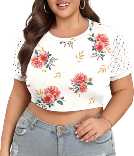Plus Size Lace Crop Top - Women's Summer Short Sleeve Athletic Tee - Roses White