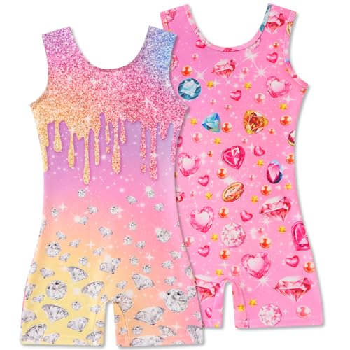 Gymnastics Leotards for Girls - 2 Pack Biketards with Shorts, Pink Diamond, 7-8 Years