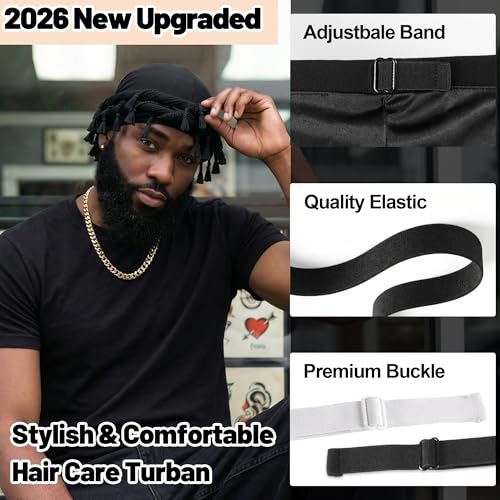 Ababalaya Unisex Satin Lined Halo Turban Durag Head Wrap Black/Grey - 2 Pack
