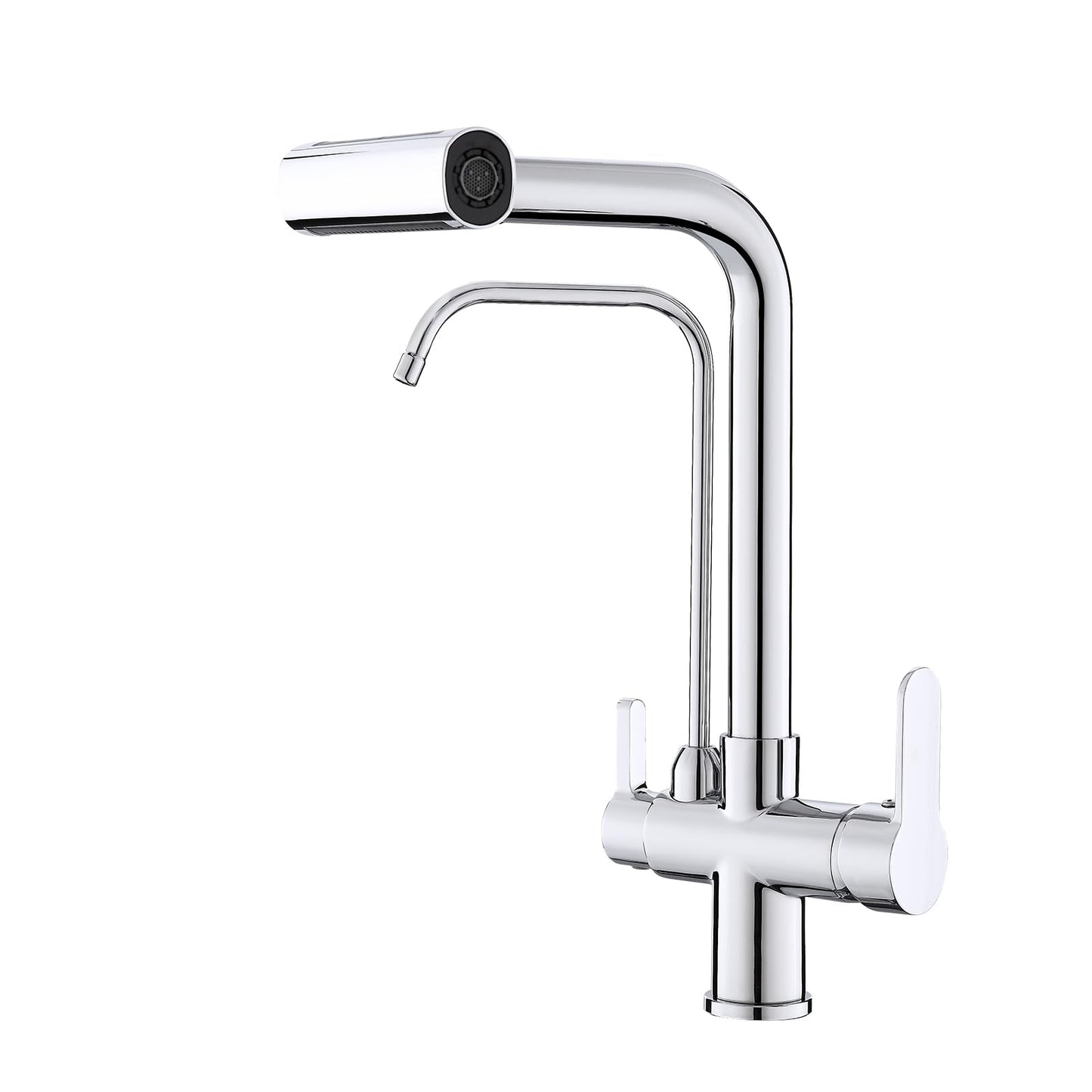 TSIBOMU Dual Handles Kitchen Sink Faucet with Drinking Water Faucet, 3 Way Pull Out Kitchen Faucet with 3-Function Sprayer for Water Filtration System, Chrome