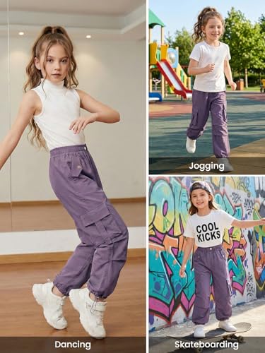 JiAmy Girls' Y2K Baggy Cargo Joggers - Elastic Waist, 7-14Y, Purple (7-8 Years)