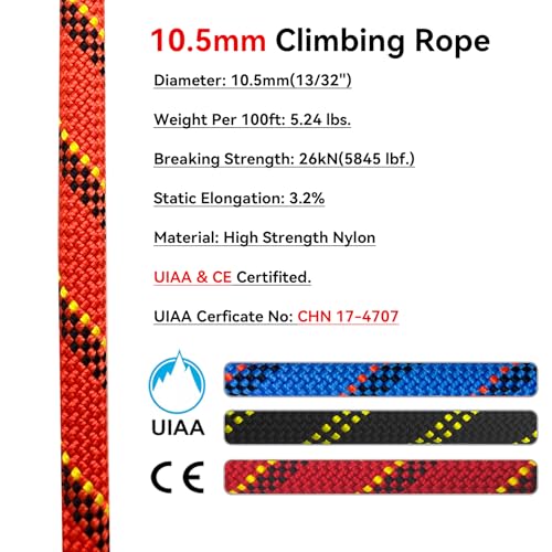 BlazeBeam 10.5mm UIAA Static Climbing Rope 50ft Orange | Nylon Kernmantle Rope