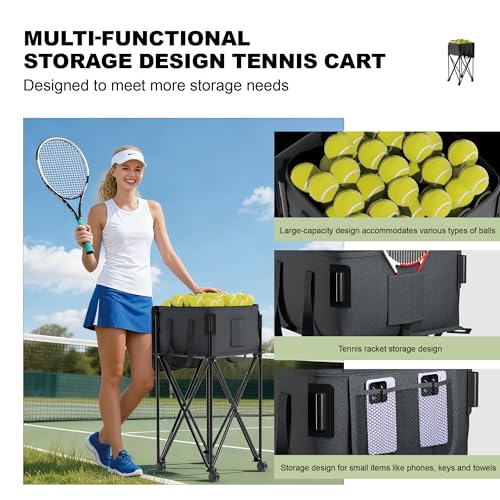 Lnmuzm Black Tennis Ball Hopper with Removable Bag & Wheels, Portable Tennis & Pickleball Basket for Training