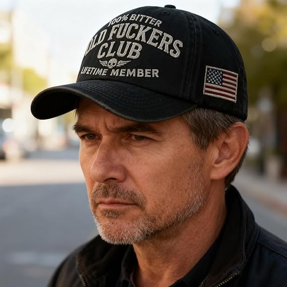 Vintage Baseball Cap with Hand Embroidery - Black, Old Fuckers Club Adjustable Hat