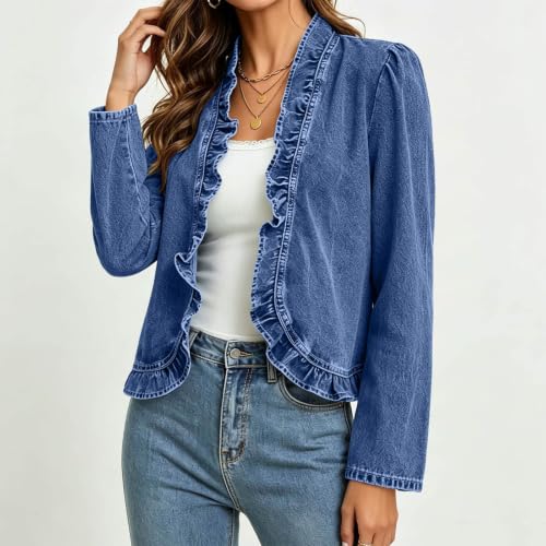 Ruffle Trim Long Sleeve Denim Cardigan - Large, Dark Blue