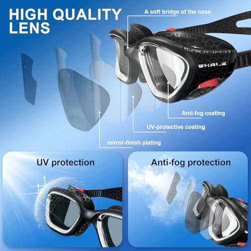 Whale Black Swim Goggles – HD Anti-Fog, UV Protection, Wide-Angle View, Unisex