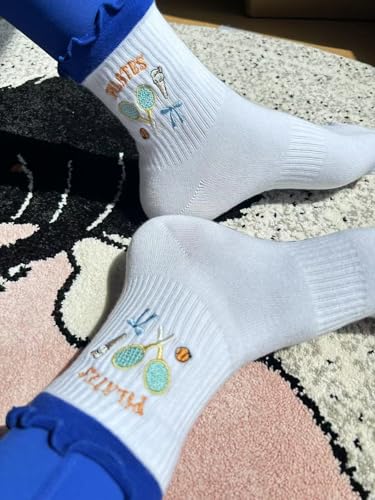 Women's Non-Slip Pilates Socks with Ruffle Cuff & Embroidery - Blue
