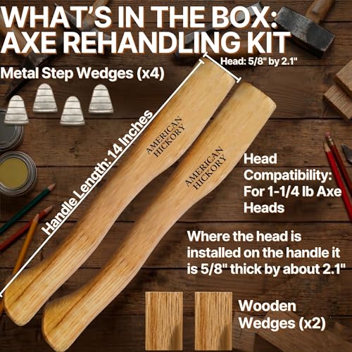 Cuitáxi 2 Pack 14-Inch Hickory Axe Handles for 1-1/4 Pound Axes with Wedges - Replacement Hatchet Handles