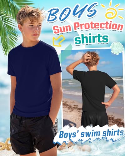 Boys' Rash Guard Swim Shirts - 3 Pack, Red, Navy, Black, 13-14 Years