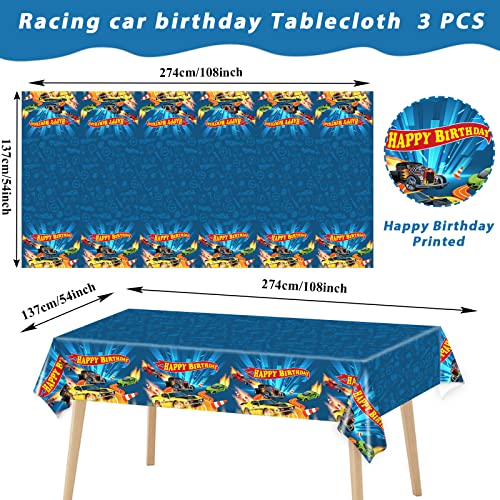 3-Pack Kids Racing Car Plastic Tablecloths - Birthday Party Supplies, 54x108 Inches