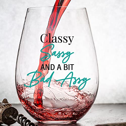 Classy Sassy Funny Wine Glass 15 oz Stemless Gift for Women Men - USA Made