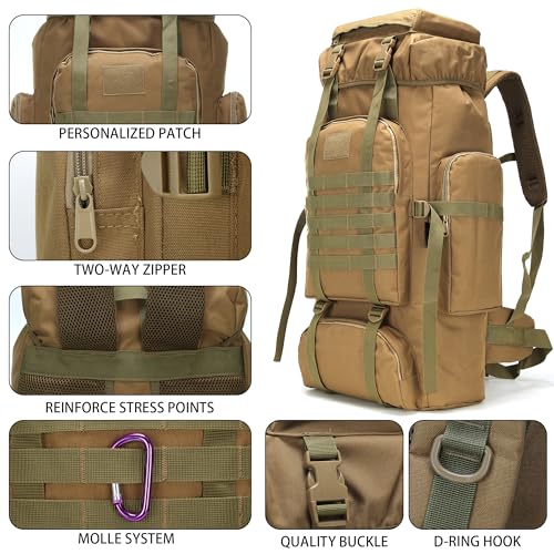 70L Khaki Hiking Backpack with Molle System, 3-Day Assault Pack for Men