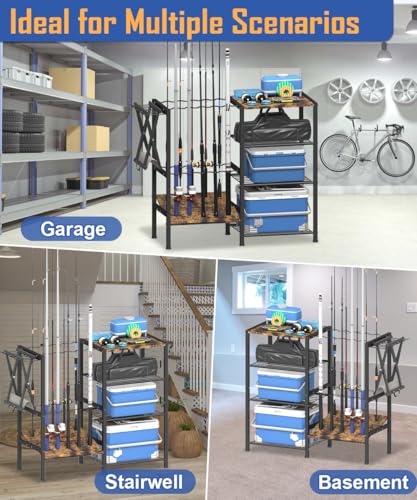 Tigerden Black Fishing Rod Holder for Garage - 4 Tier Multi-Use Storage Rack for Up to 10 Rods