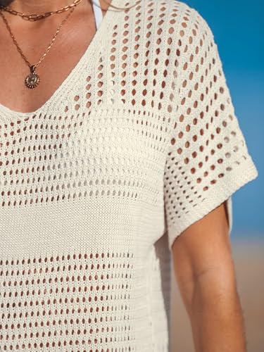 CUPSHE Women Crochet Swimsuit Cover Up V Neck Beach Dress Large Beige