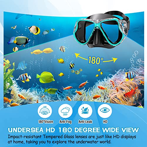 Greatever Snorkeling Mask Set for Adults & Kids, Anti-Fog Dry Snorkel, Black Green, Large
