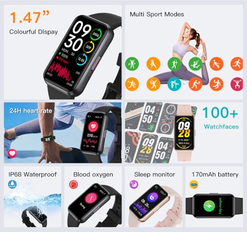 USMECBL Black Fitness Tracker with Heart Rate, SpO2, Sleep Monitor & 1.47” OLED