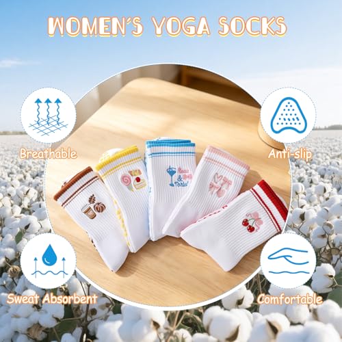 Pilates Socks with Grips for Women - 5 Pack, Cute Ruffled - Pink, Red, Yellow, Blue, Brown