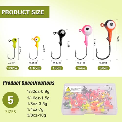 AGOOL 7.5g (1/4oz) Fishing Jig Heads 25pcs - Colored Round Ball with 3D Eyes for Bass Trout Walleye