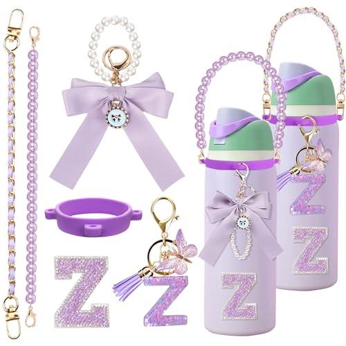6-Piece Water Bottle Accessory Set with Handle Strap and Charms - Purple