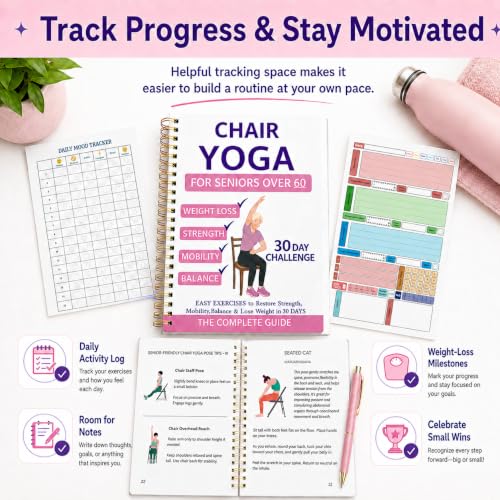 Chair Yoga for Seniors Over 60 - 30-Day Challenge Guide & Chart - Pink