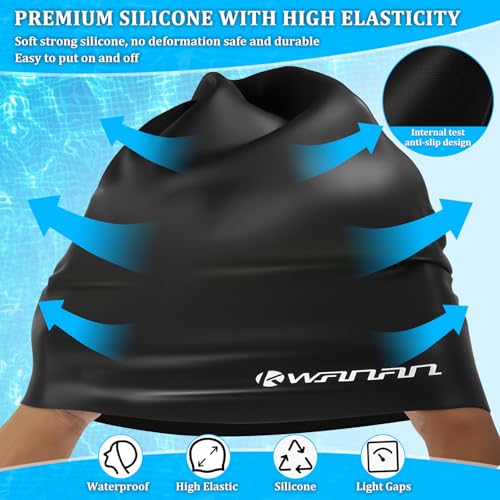 Extra Large Silicone Swim Cap for Long Hair - Black / X-Large