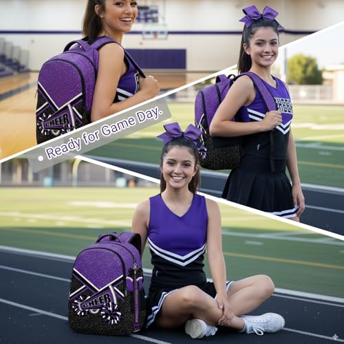 HJKLONE Glitter Purple Cheer Backpack with Ribbon Keychain - Women’s Sports Bag