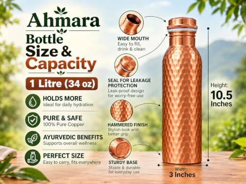 Pure Copper Water Bottle, 34 Oz (1 Litre), Travel Friendly, Hammered