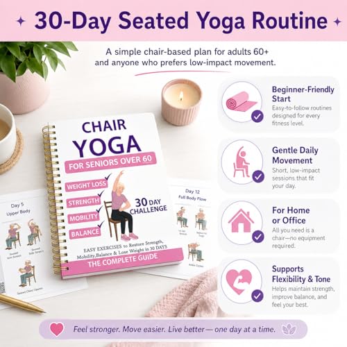 Chair Yoga for Seniors Over 60 - 30-Day Challenge Guide & Chart - Pink