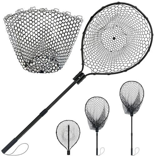 SEASPRO Black Telescoping Rubber Fishing Net with Handle & Extra Replacement Net, 59" Extendable Kayak & Saltwater Fishing Gear