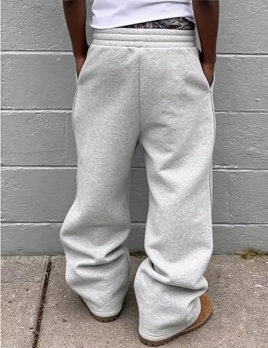 FCOOLYEET Men's Y2K Grey Baggy Sweatpants with Drawstring Waist, Open Bottom, Medium