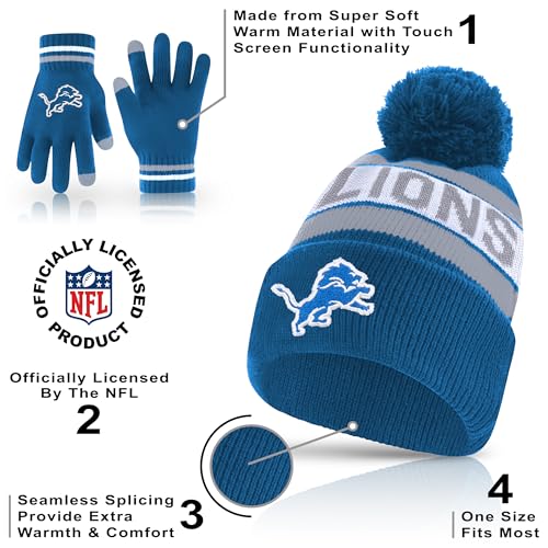 NFL Detroit Lions Winter Beanie Knit Hat & Touch Screen Gloves - One Size