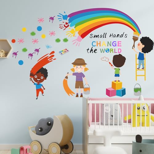 Small Hands Change The World Wall Stickers Inspirational Quote Rainbow Wall Decals for Kids Room Playroom Classroom School Library Wall Decor