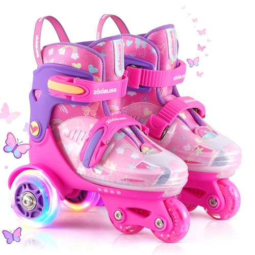ZOOBLISS Butterfly Pink Kids Adjustable Light-Up Roller Skates (S-small, 11c-1y US) 4 Sizes