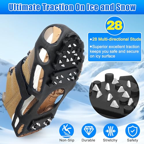Silanon Ice Cleats 28 Steel Spikes, Crampons for Shoes/Boots, X-Large 10.5-13 Men / 11.5-14 Women