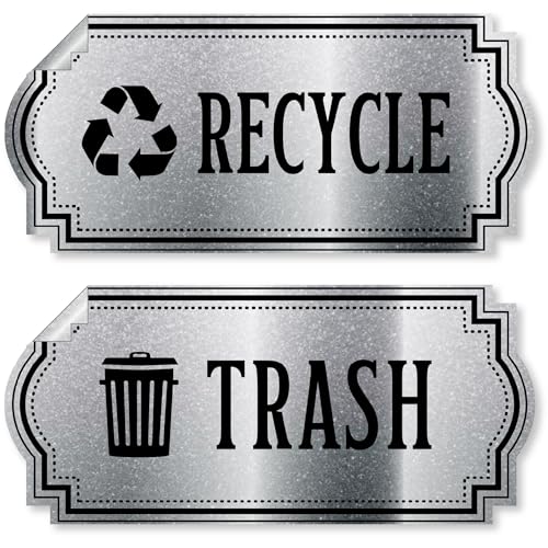 Recycle and Trash Stickers for Trash Cans - Metallic Vinyl Recycling Bin Labels ? 2 Pack - Large 10" by 4.25" Decals Logo - Waste Signs for Home Kitchen or Office Bins Indoor/Outdoor Use