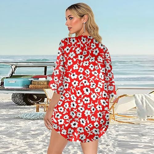 Lightweight Floral Printed Kimono Cardigan - Puff Sleeve, X-Large Red